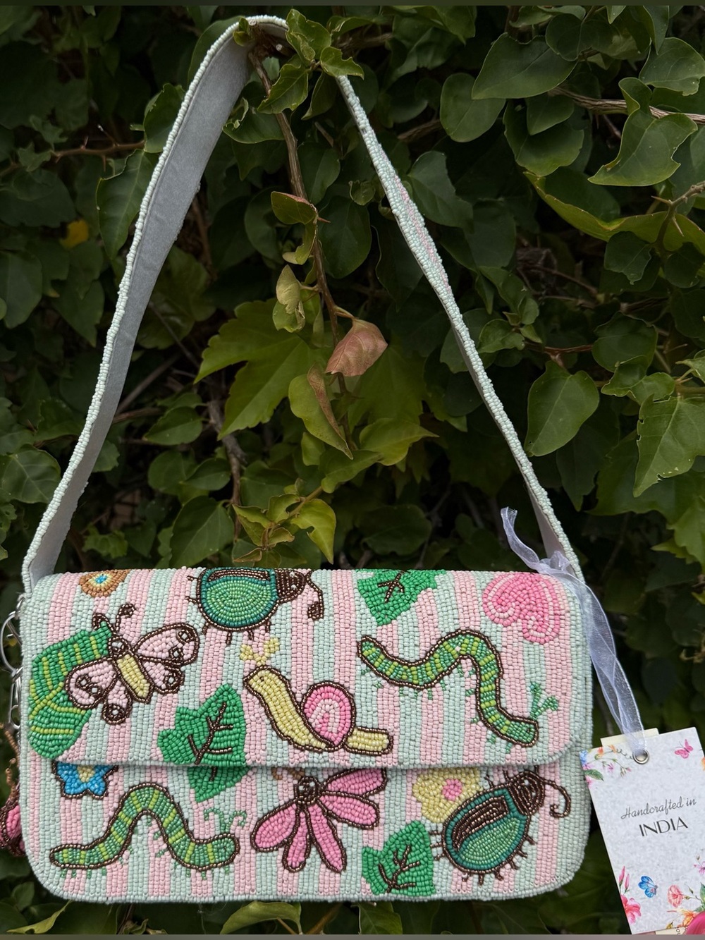 NWT Made in India Insects Bugs Garden Pastel Green Pink Beaded Bag with Charm